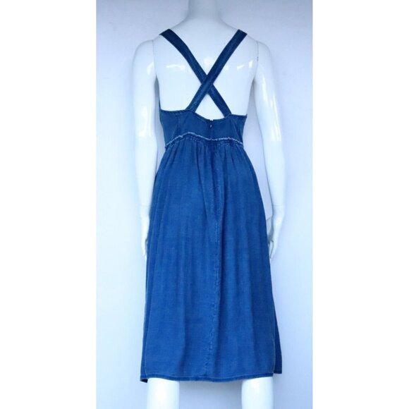 Wilfred Women's US2 Blue Moroccan Pinafore Dress Linen Cross Back Pckt Midi $178 - Picture 7 of 8